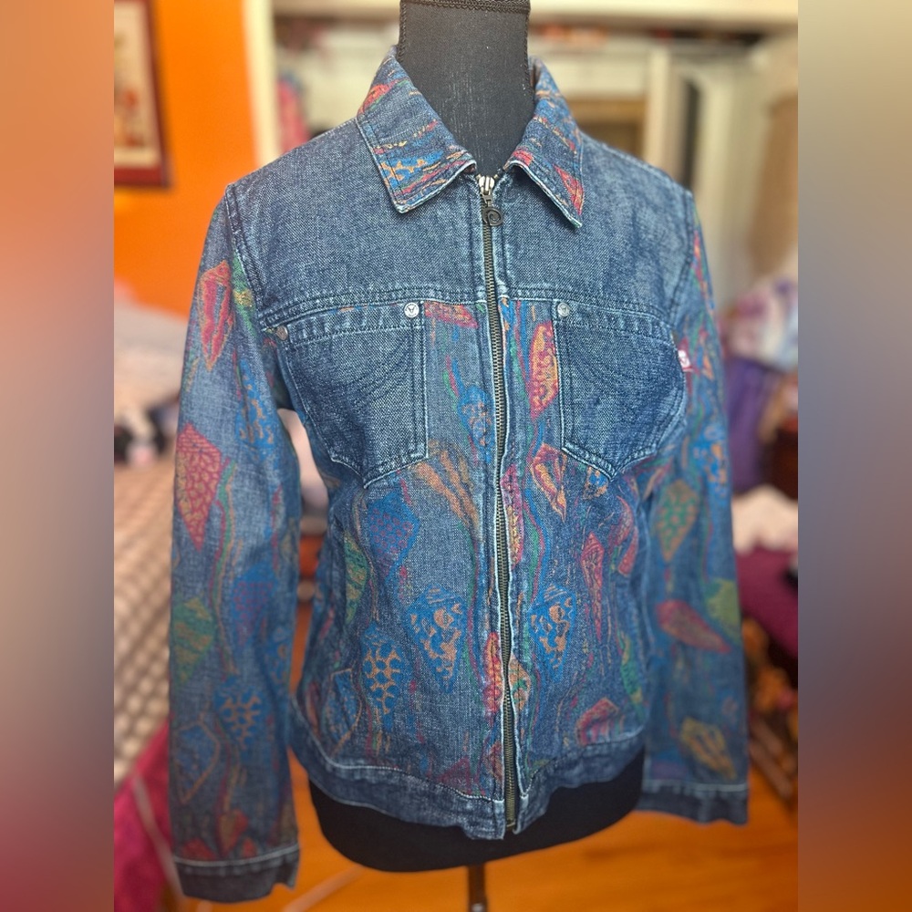 90s Western Core Denim Jacket Youth XL Womens XS Retro Print